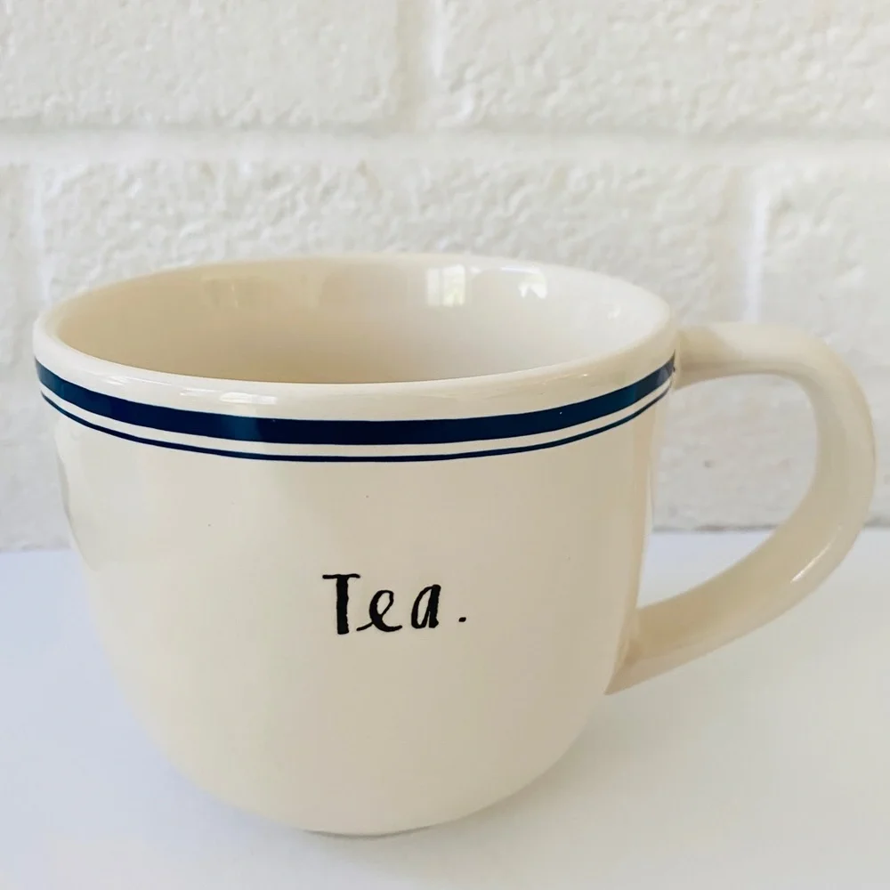 RAE DUNN Mug TEA Indigo Blue Stripe Oversized Stoneware Script Letters